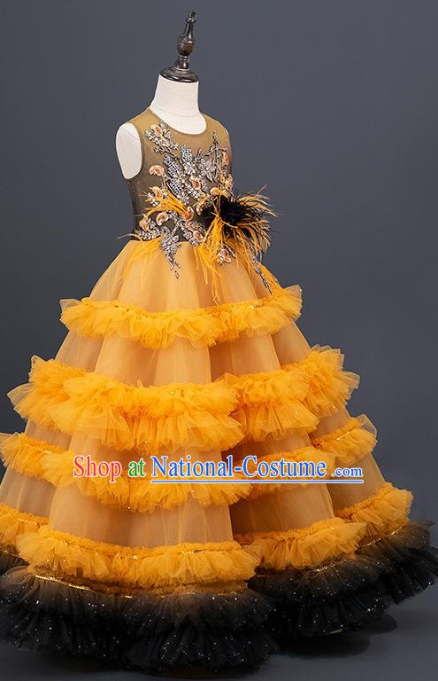 Professional Girl Modern Dance Clothing Princess Garment Children Catwalks Fashion Costume Stage Show Orange Veil Full Dress