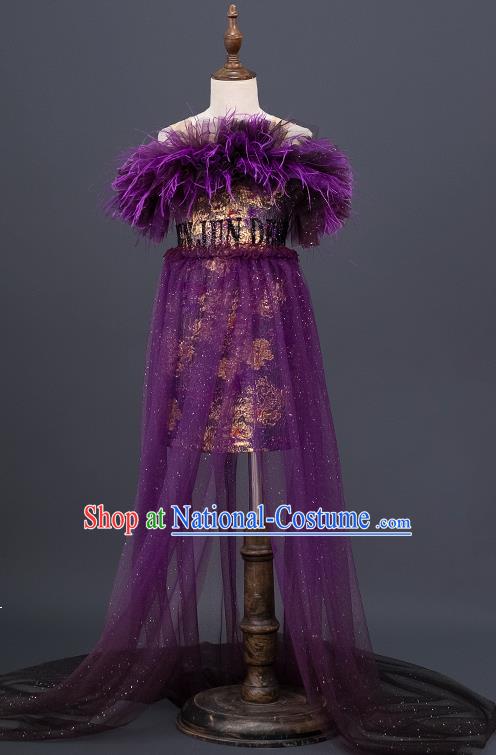 Professional Children Catwalks Fashion Costume Stage Show Purple Dress Girl Modern Dance Clothing Little Model Garment