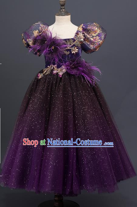 Professional Little Model Garment Children Catwalks Fashion Costume Stage Show Purple Veil Dress Girl Modern Dance Clothing