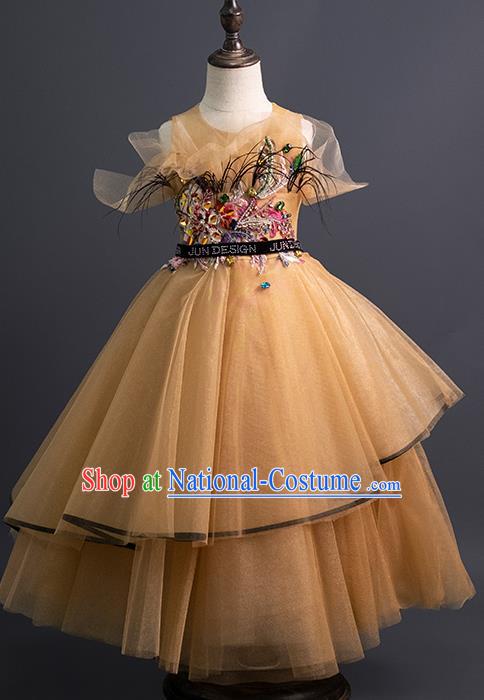 Professional Girl Modern Dance Clothing Little Model Garment Children Catwalks Fashion Costume Stage Show Yellow Veil Dress