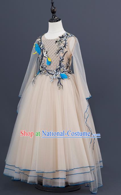 Professional Modern Dance Clothing Girl Princess Garment Children Catwalks Fashion Costume Stage Show Beige Full Dress