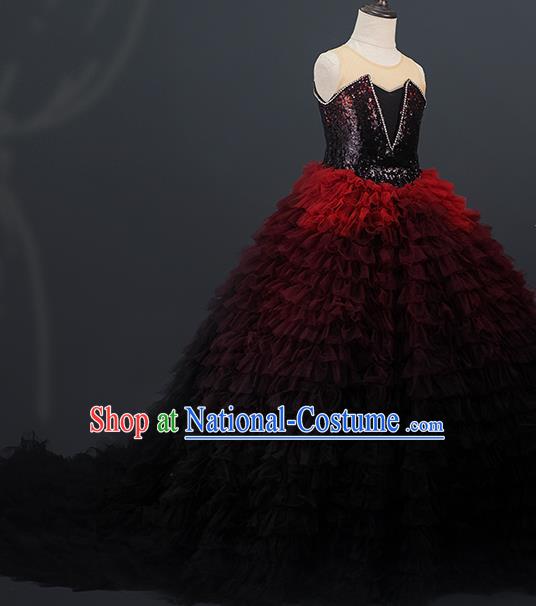 Professional Children Catwalks Fashion Costume Stage Show Red Trailing Full Dress Girl Modern Dance Clothing Baroque Princess Garment