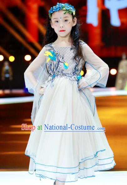 Professional Modern Dance Clothing Girl Princess Garment Children Catwalks Fashion Costume Stage Show Beige Full Dress