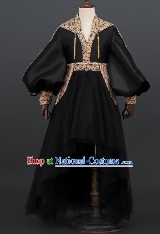 Professional Stage Show Black Full Dress Girl Dance Clothing Baroque Princess Garment Children Catwalks Fashion Costume