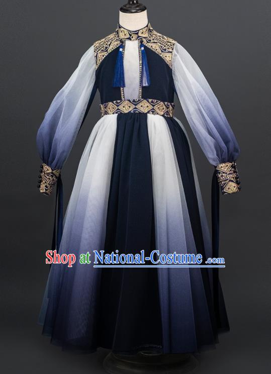 China Stage Performance Clothing Classical Dance Garment Costume Children Catwalks Uniforms Girl Navy Veil Dress