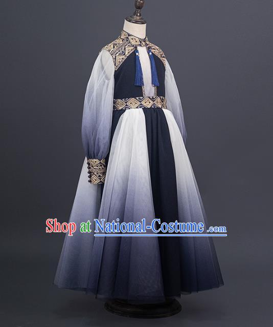 China Stage Performance Clothing Classical Dance Garment Costume Children Catwalks Uniforms Girl Navy Veil Dress