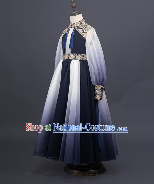 China Stage Performance Clothing Classical Dance Garment Costume Children Catwalks Uniforms Girl Navy Veil Dress