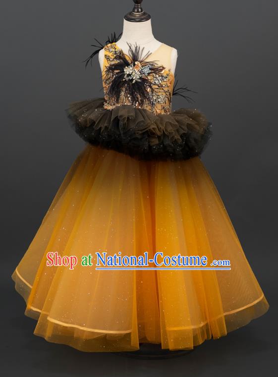 Professional Children Catwalks Orange Veil Full Dress Stage Show Fashion Costume Girl Dance Clothing Princess Garment