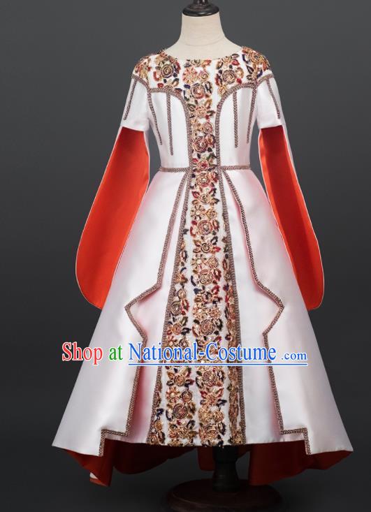 Professional Girl Dance Clothing Baroque Princess Garment Children Catwalks White Satin Full Dress Stage Show Fashion Costume