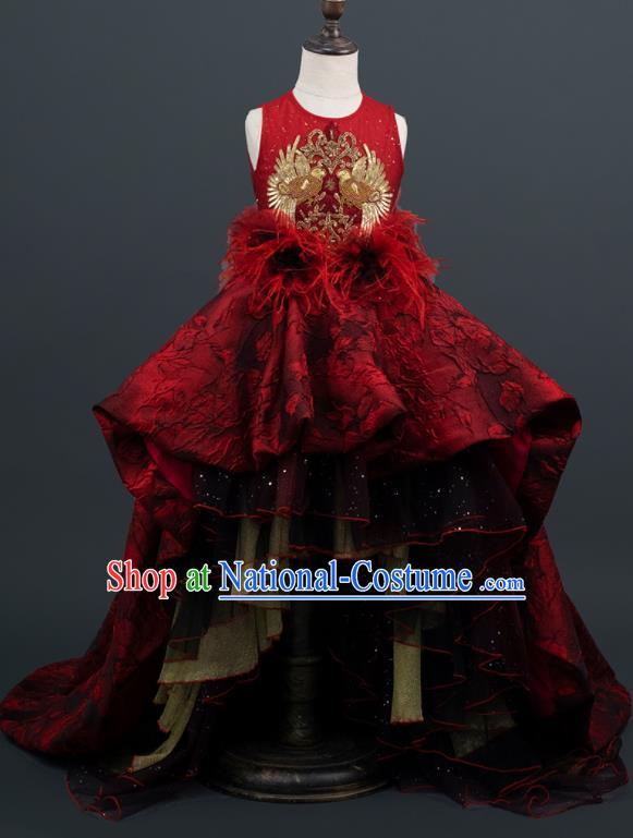 Professional Girl Dance Fashion Costume Stage Show Clothing Baroque Princess Garment Children Catwalks Red Lace Trailing Full Dress