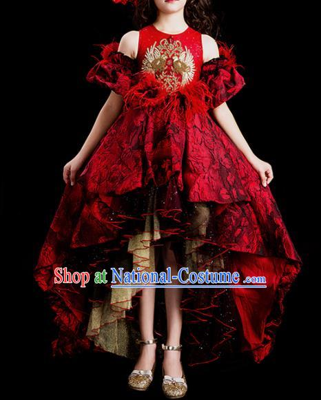 Professional Girl Dance Fashion Costume Stage Show Clothing Baroque Princess Garment Children Catwalks Red Lace Trailing Full Dress