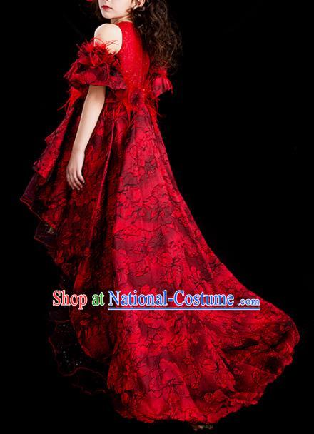 Professional Girl Dance Fashion Costume Stage Show Clothing Baroque Princess Garment Children Catwalks Red Lace Trailing Full Dress