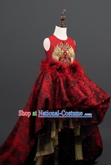 Professional Girl Dance Fashion Costume Stage Show Clothing Baroque Princess Garment Children Catwalks Red Lace Trailing Full Dress