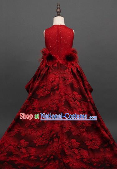 Professional Girl Dance Fashion Costume Stage Show Clothing Baroque Princess Garment Children Catwalks Red Lace Trailing Full Dress