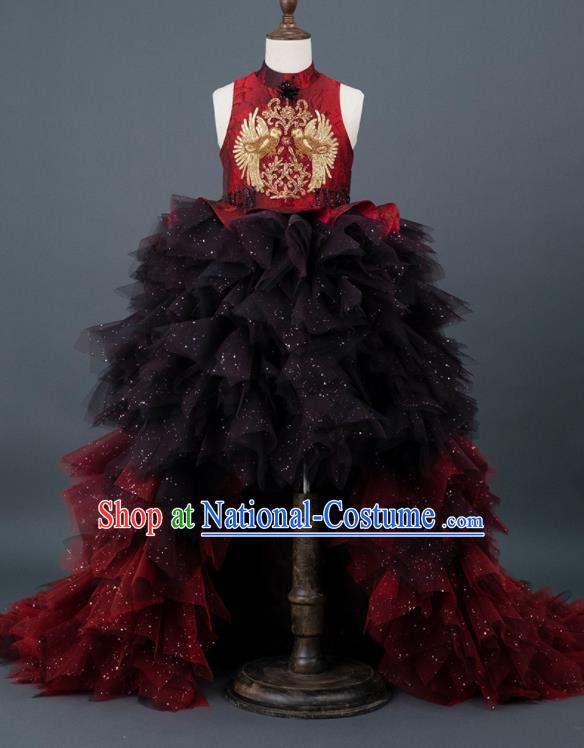 Professional Children Catwalks Red Veil Trailing Full Dress Girl Dance Garment Costume Stage Show Clothing Baroque Princess Fashion