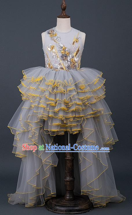 Professional Baroque Princess Fashion Children Catwalks Grey Veil Trailing Full Dress Girl Dance Garment Costume Stage Show Clothing