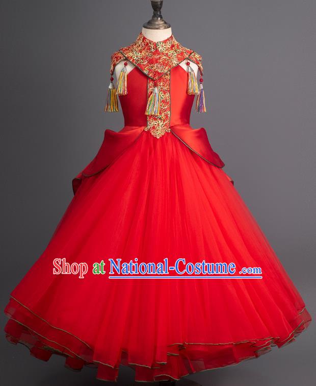 China Children Catwalks Fashion Girl Red Veil Full Dress Stage Performance Clothing Classical Dance Garment Costume