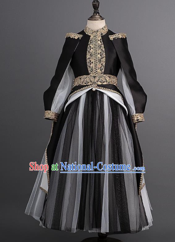 Professional Girl Stage Show Clothing Princess Fashion Children Catwalks Black Full Dress Piano Recital Garment Costume