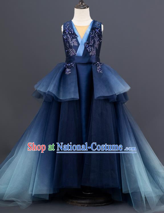 Professional Stage Show Navy Trailing Full Dress Modern Dance Clothing Girl Compere Garment Children Catwalks Fashion Costume