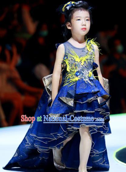 Professional Girl Compere Garment Children Catwalks Fashion Costume Stage Show Blue Trailing Full Dress Modern Dance Clothing