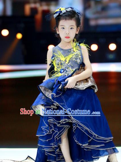 Professional Girl Compere Garment Children Catwalks Fashion Costume Stage Show Blue Trailing Full Dress Modern Dance Clothing