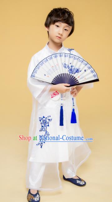 Chinese Boys Cross Talk Performance Costumes Tang Suit White Uniforms Children Stage Show Clothing