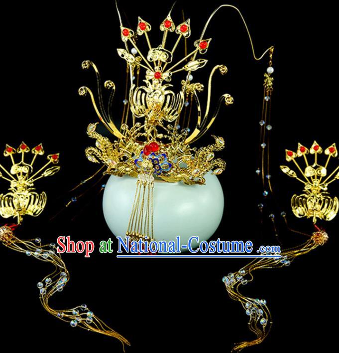 Chinese Traditional Ming Dynasty Empress Hair Accessories Ancient Court Woman Golden Phoenix Hair Crown and Hairpins