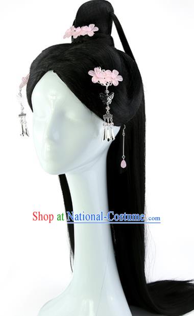 China Ancient Swordswoman Wigs Traditional Hanfu Chignon Hairpieces Jin Dynasty Palace Princess Black Long Wig Sheath