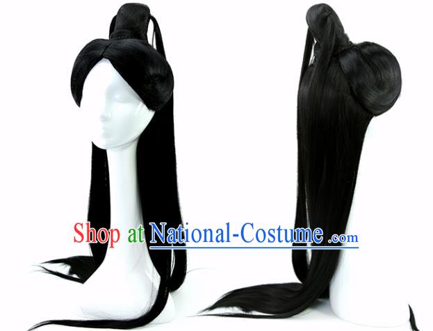 China Ancient Swordswoman Wigs Traditional Hanfu Chignon Hairpieces Jin Dynasty Palace Princess Black Long Wig Sheath