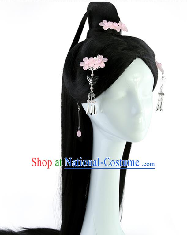 China Ancient Swordswoman Wigs Traditional Hanfu Chignon Hairpieces Jin Dynasty Palace Princess Black Long Wig Sheath