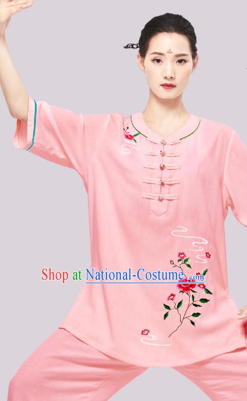 Chinese Wushu Competition Garment Costumes Martial Arts Embroidered Rose Clothing Tai Chi Clothing Kung Fu Pink Flax Uniforms