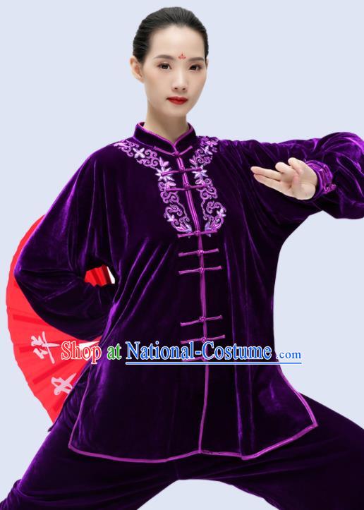 China Kung Fu Embroidered Purple Pleuche Uniforms Martial Arts Competition Outfits Wushu Garment Costumes Tai Chi Sword Clothing