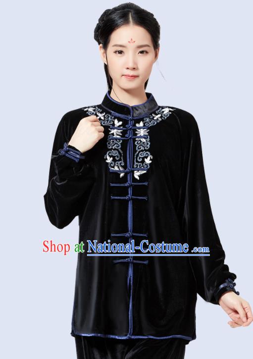 China Wushu Garment Costumes Tai Chi Sword Clothing Kung Fu Embroidered Black Pleuche Uniforms Martial Arts Competition Outfits