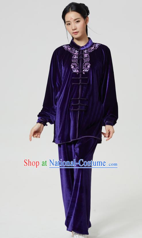 China Kung Fu Embroidered Purple Pleuche Uniforms Martial Arts Competition Outfits Wushu Garment Costumes Tai Chi Sword Clothing