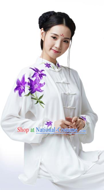 China Wushu Performance Costumes Tai Chi Training Uniforms Kung Fu Clothing Martial Arts Embroidered Lily Flowers Outfits