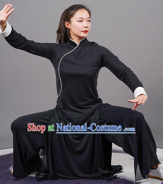 China Martial Arts Wushu Black Robe Outfits Tai Ji Competition Costumes Tai Chi Uniforms Kung Fu Gongfu Clothing