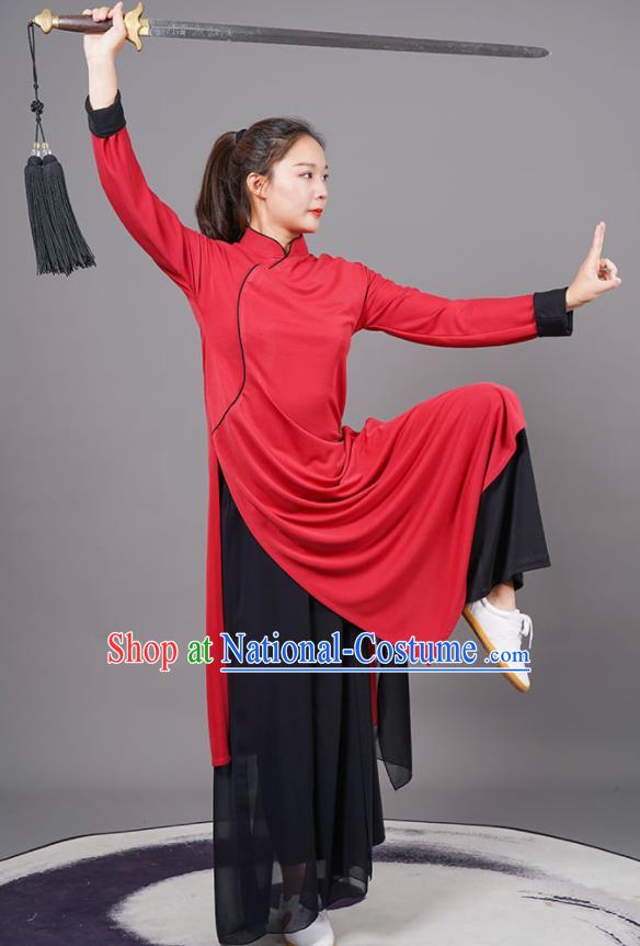 China Kung Fu Gongfu Clothing Martial Arts Wushu Red Robe Outfits Tai Ji Competition Costumes Tai Chi Uniforms