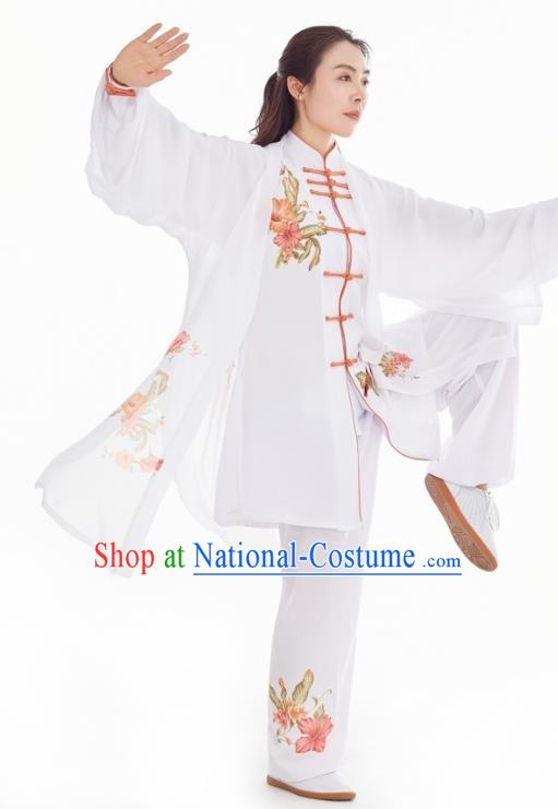 Professional Chinese Tai Chi Competition Three Pieces Suits Martial Arts Performance Clothing Kung Fu Training Painting Flowers White Uniforms