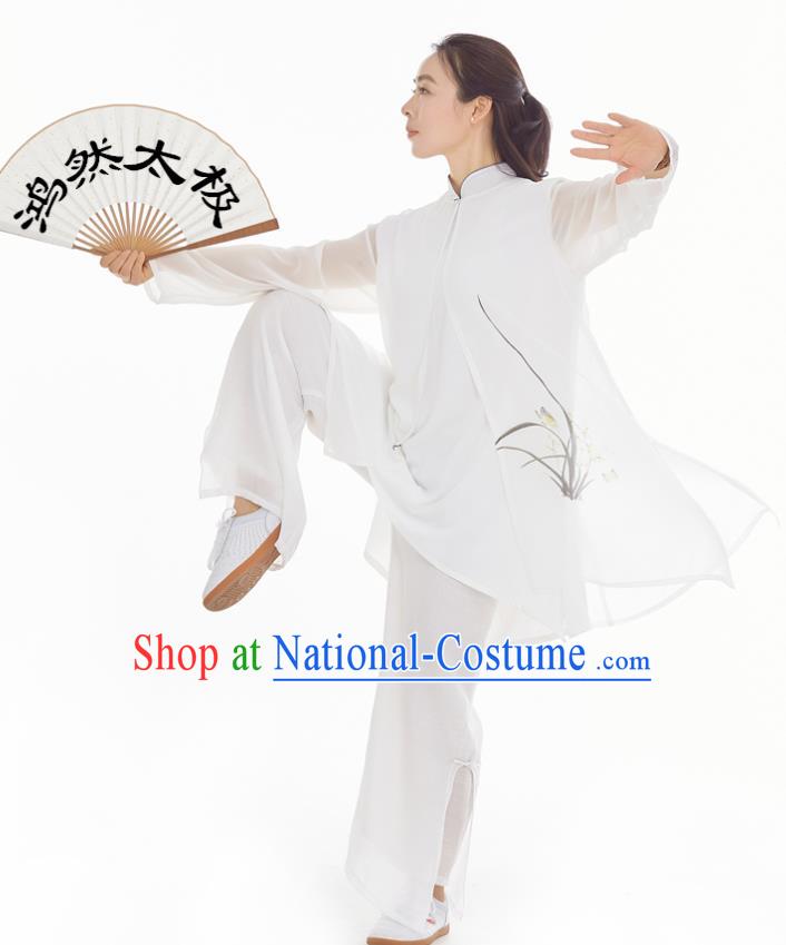 Professional Chinese Zen Clothing Kung Fu Training Ink Painting Orchids Uniforms Tai Chi Competition White Suits