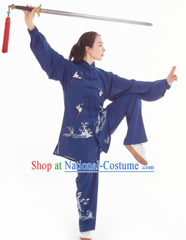 Professional Chinese Tai Chi Competition Embroidered Crane Navy Suits Taiji Sword Performance Clothing Kung Fu Training Uniforms