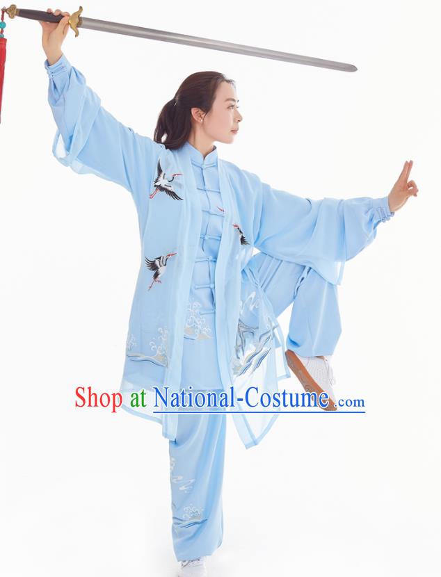 Professional Chinese Kung Fu Training Uniforms Tai Chi Competition Embroidered Crane Blue Suits Taiji Sword Performance Clothing