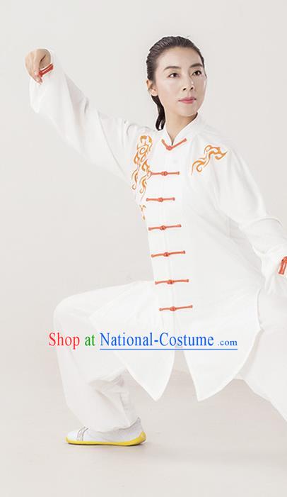 Professional Chinese Martial Arts Performance Clothing Kung Fu Training White Uniforms Tai Chi Competition Embroidered Clouds Suits