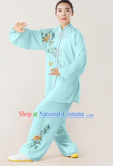 Professional Chinese Martial Arts Competition Clothing Kung Fu Performance Light Blue Uniforms Tai Chi Training Embroidered Peony Suits