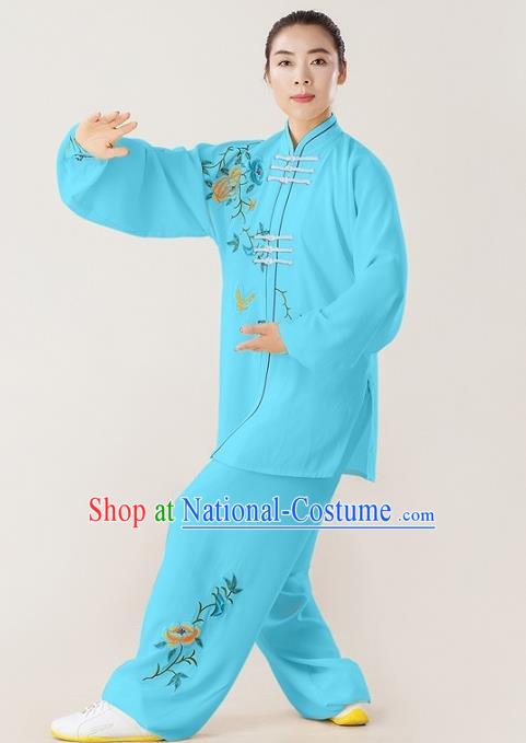 Professional Chinese Tai Chi Training Embroidered Peony Suits Martial Arts Competition Clothing Kung Fu Performance Blue Uniforms