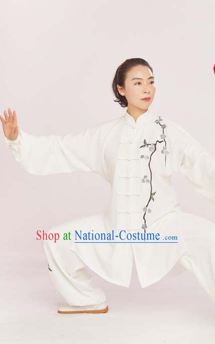 Professional Chinese Tai Chi Competition White Suits Martial Arts Kung Fu Training Clothing Wushu Performance Embroidered Plum Blossom Uniforms