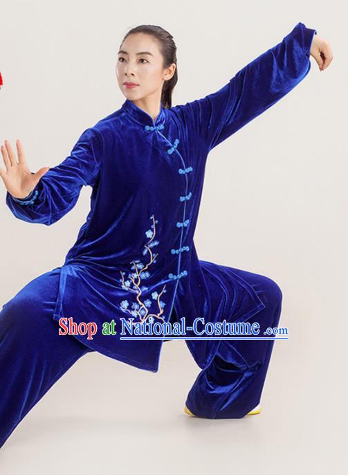 Professional Chinese Martial Arts Clothing Kung Fu Garments Wushu Performance Embroidered Uniforms Tai Chi Competition Royalblue Pleuche Suits