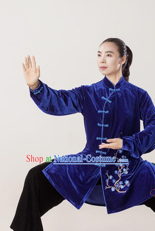 Professional Chinese Martial Arts Clothing Kung Fu Garments Wushu Performance Embroidered Uniforms Tai Chi Competition Royalblue Pleuche Suits