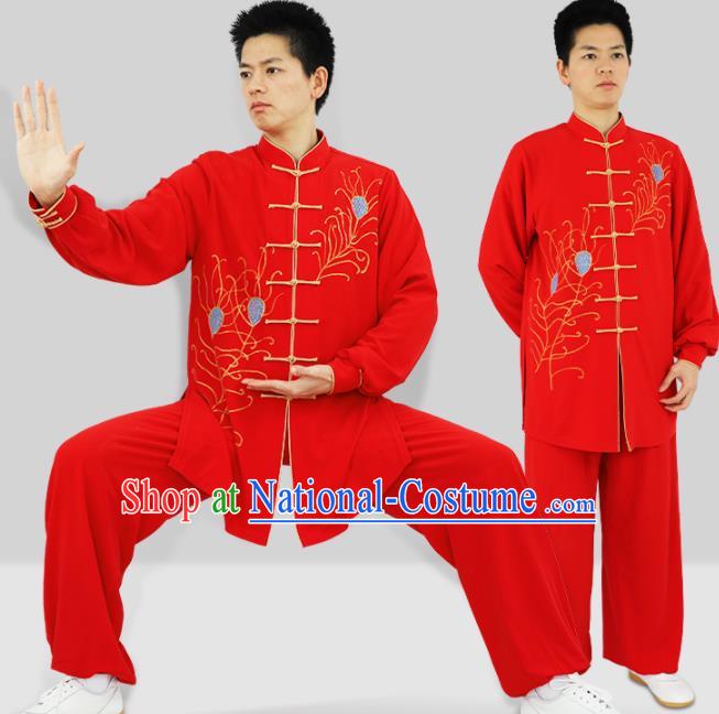 Chinese Adults Kung Fu Show Clothing Martial Arts Garment Costumes Tai Chi Competition Red Uniforms