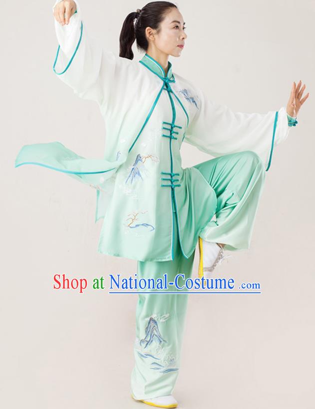 Professional Chinese Wushu Performance Embroidered Light Green Uniforms Tai Chi Competition Three Pieces Suits Martial Arts Clothing Kung Fu Costumes