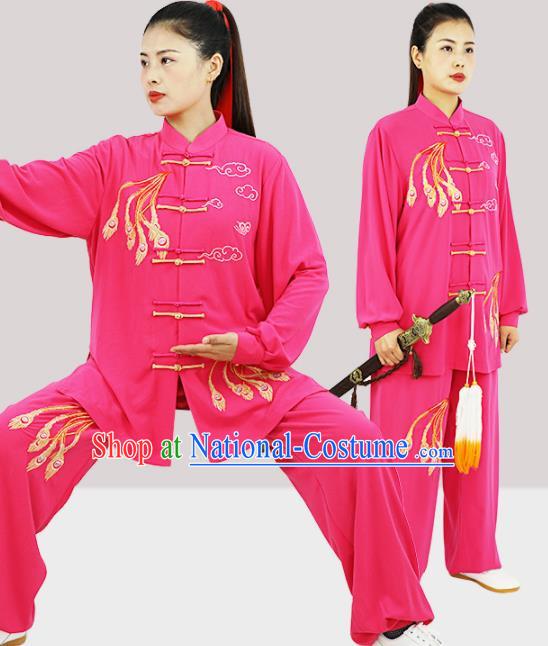 Professional Chinese Kung Fu Wushu Embroidered Phoenix Uniforms Tai Ji Competition Rosy Suits Martial Arts Performance Clothing Tai Chi Costumes